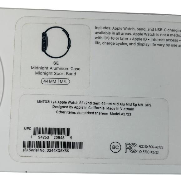 NIB Apple Watch SE (2nd Gen) 44mm MNTG3LL/A Midnight Aluminum Case + Sport Band - Picture 1 of 5